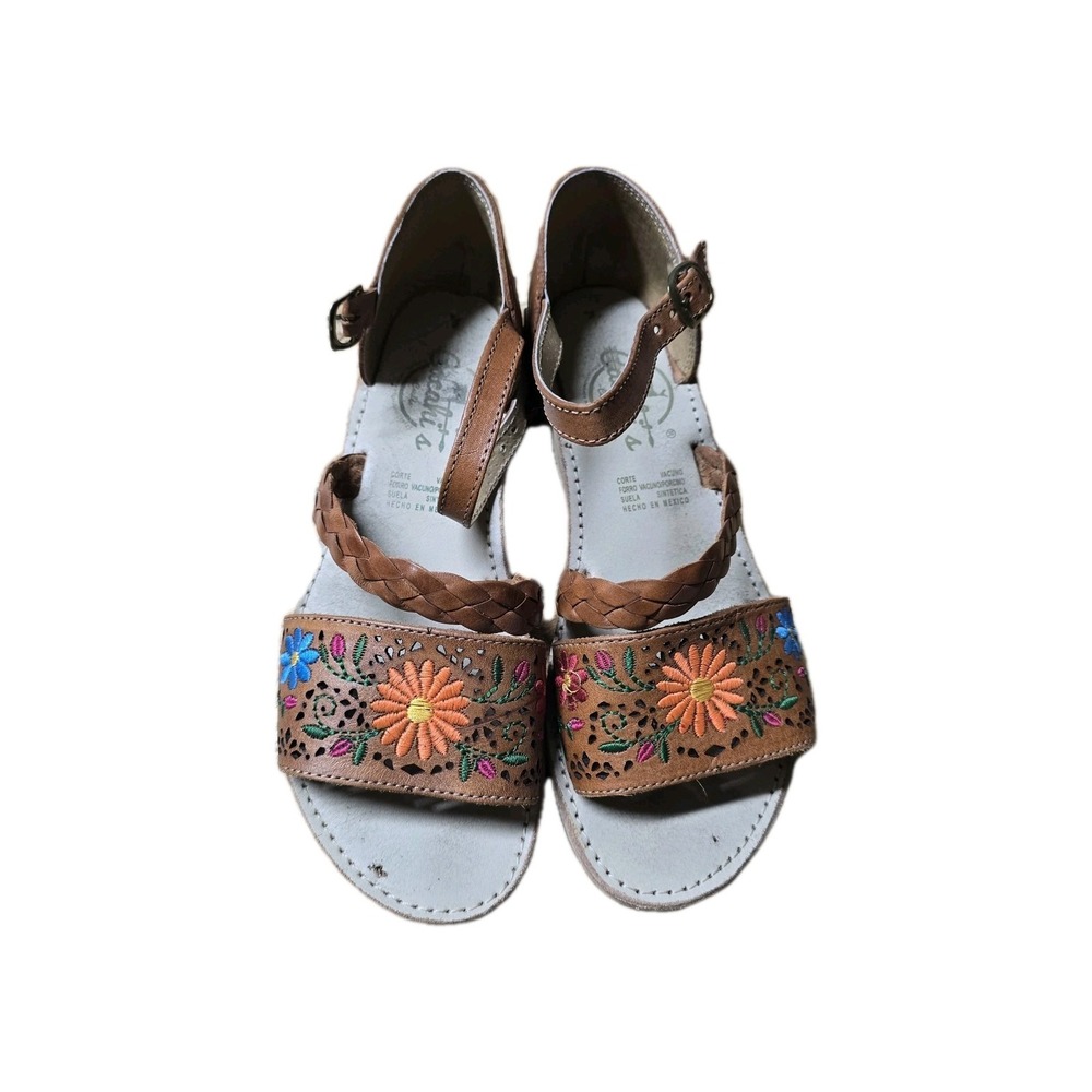 Cacahis Cacles Mexican Huarache Sandals Leather Floral Embroidered Women SZ 7...